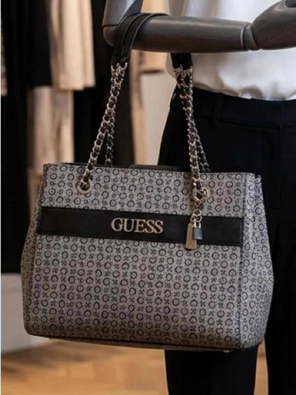 Guess Gray Monogram Chain Shoulder Bag with Black Trim